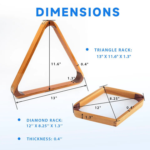 Two Tone Solid Wood Pool Ball Rack Triangle Or Diamond For 2 1/4 Inch Balls, Heavy Duty Billiard Rack dimensions illustration