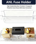 Inline ANL Fuse Holder Kit For 0 2 4 Gauge Wire With Dual 150 Amp Fuses, transparent case, brass terminals