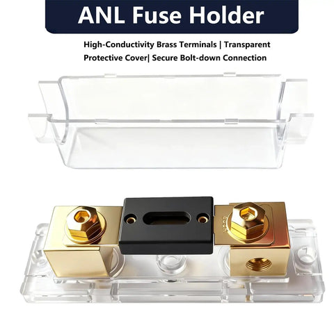 Inline ANL Fuse Holder Kit For 0 2 4 Gauge Wire With Dual 150 Amp Fuses, transparent case, brass terminals