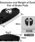 Close-up of 2 Pairs Premium Bike Brake Pads for Road Caliper Brakes 50mm on scale, showing dimensions and weight.