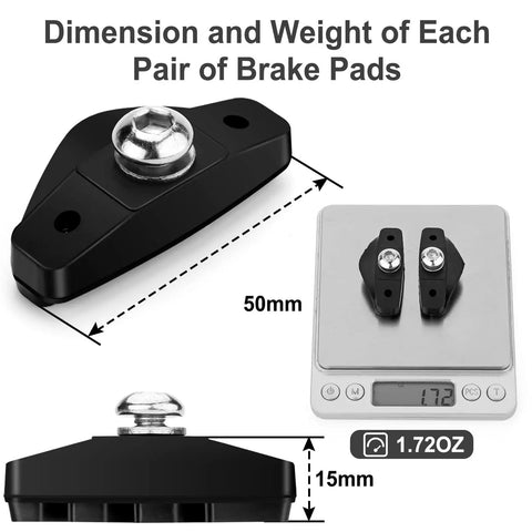 Close-up of 2 Pairs Premium Bike Brake Pads for Road Caliper Brakes 50mm on scale, showing dimensions and weight.