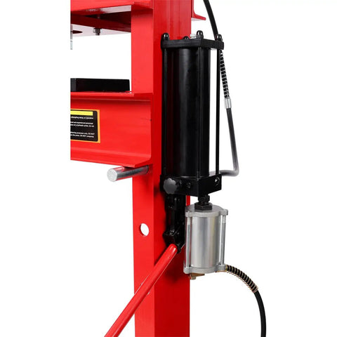 Professional Grade 30 Ton Air Hydraulic Shop Press With Precision Gauge and Adjustable H Frame Design showing hydraulic cylinder elements.