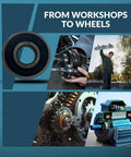 Four Pack 6201-2RS Chrome Steel Sealed Ball Bearings with rubber seals for high RPM, shown in workshop and motorsports settings.