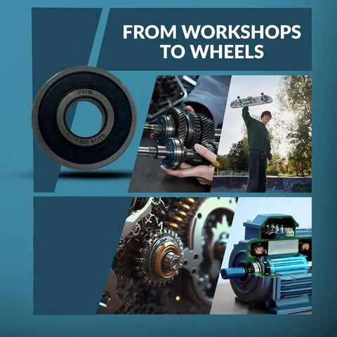 Four Pack 6201-2RS Chrome Steel Sealed Ball Bearings with rubber seals for high RPM, shown in workshop and motorsports settings.