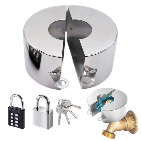 Dual Lock Outdoor Faucet Lock Kit With 2 Padlocks, stainless steel lock for hose bib, gate valve, includes keys and faucet image.