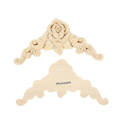 Premium Wood Carved Appliques And Onlays Four Piece Set Of Unpainted Rose Corner Decals detailed view of rose design applique