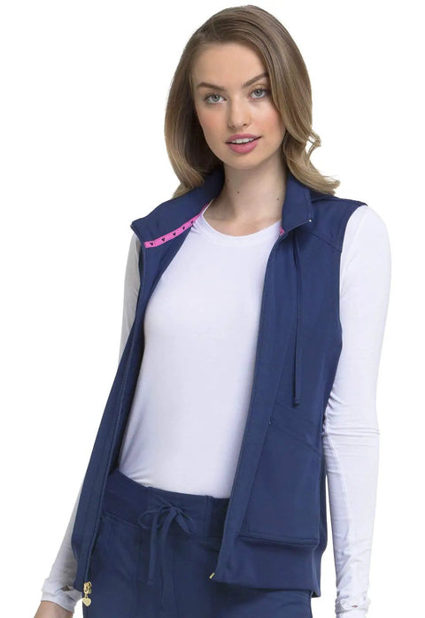 Woman wearing navy Zip Front Scrub Vest With Detachable Hood For Women, Stretch Fabric, Flattering Fit, Princess Seams, Plenty Of Pockets