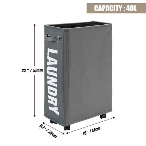Slim Laundry Basket On Wheels With Grab-and-Go Handle, Collapsible Rolling Hamper For Narrow Corners, 40L Capacity, Gray