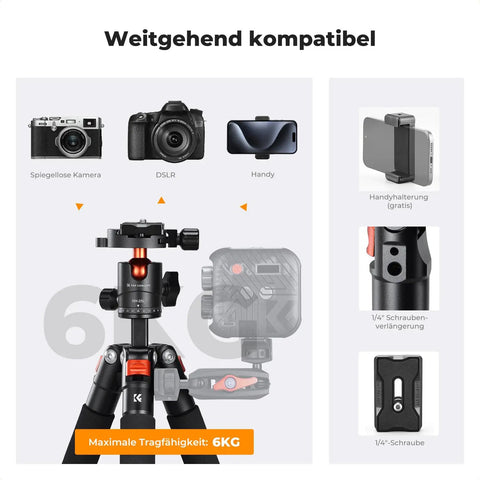 Compact Desk Tripod With Ball Head For DSLR And Phone Travel Ready Aluminum Mini Tripod with camera attachments and weight capacity shown