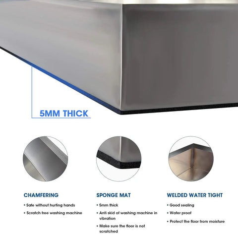 Close-up of 5mm thick Heavy Duty 304 Stainless Steel Washing Machine Pan With Raised Edge And Anti Slip Bottom Pad For Leak Protection