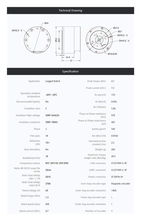 Technical drawing and specifications of Beefy Torque Packed Compact Robot Joint Motor With 6Nm Peak Torque Brushless For Humanoid Robots Permanent Magnet And High Torque Density For Industrial Automation And Smooth Multi Axis Motion.