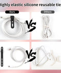 Comparison of 25 Pack Reusable Silicone Cable Ties Ultra Flexible Cord Wraps For Electrical Cords, Phone Chargers, Earphones.