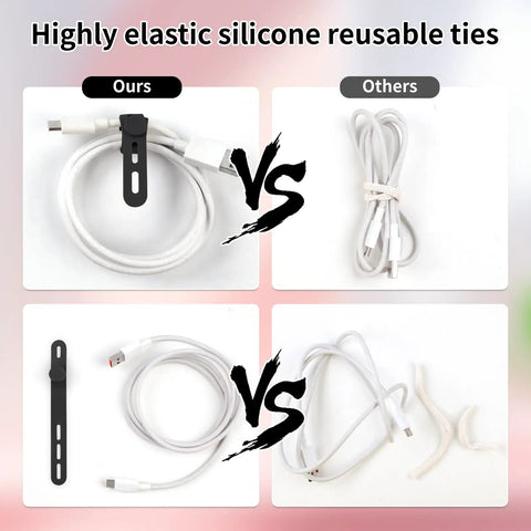 Comparison of 25 Pack Reusable Silicone Cable Ties Ultra Flexible Cord Wraps For Electrical Cords, Phone Chargers, Earphones.