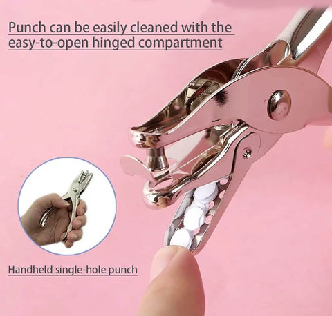 Circle Hole Punch Kit With One Quarter And One Eighth Inch Sizes Handy Handheld Puncher showing cleanup in hinged compartment