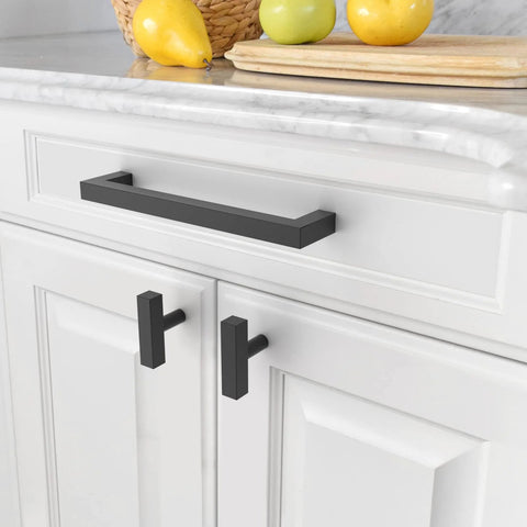 10 Pack Matte Black 7 Inch Cabinet Handles Stainless Steel Drawer Pulls For Kitchen Cabinets Bathrooms Cupboards And Dressers 178mm Hole Centers Easy Installation Durable Hardware installed on white kitchen cabinet