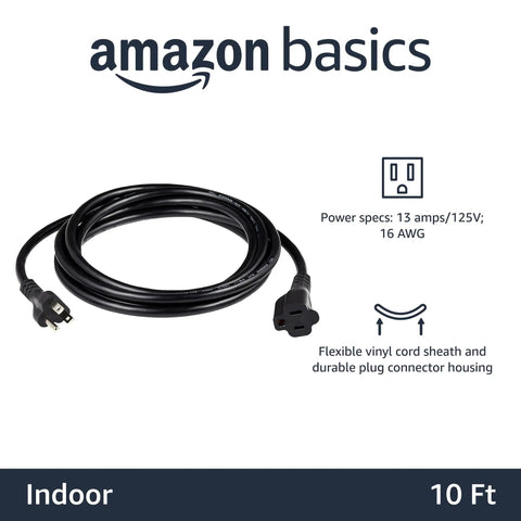 10 Ft 3 Prong Indoor Extension Cord Set, 2 Pack, Tough Duty Power Extenders For Home And Garage, 13 Amp 125V Black, 16 AWG Cords For Electronics, Tools, And More. black 10 ft indoor cord with 3-prong plug