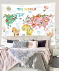 Kids World Map Tapestry 59Wx51Inch Colorful Continents With Wildlife Cartoon Educational Wall Hanging in bedroom decor