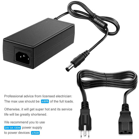24V DC Power Supply Adapter 120W 5A 100-240V AC To DC Converter with 5.5x2.5mm plug for LED strip lights and DIY projects
