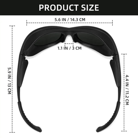 Heavy Duty IPL Laser Protection Safety Glasses With No Sweat Comfort Fit And Matte Black Frame To Block Fierce Red Rays and size dimensions of 5.6x5.9 inches.