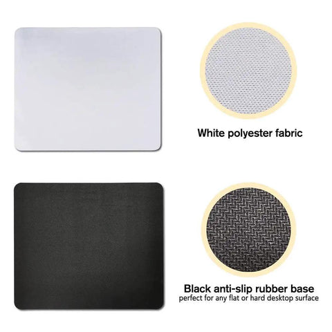 Sublimation Blank White Square Mouse Pads 9.4 x 7.8 x 0.12 Inches 3mm Thick showing white polyester surface and black rubber base