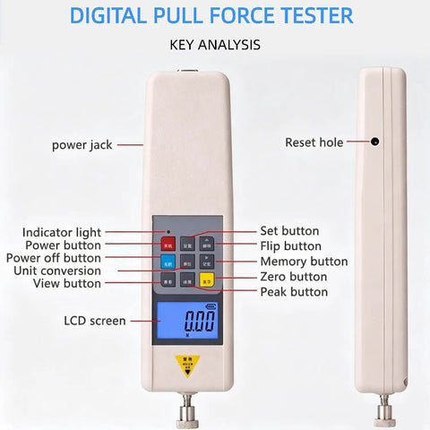 Digital Pro Grade Pull Force Tester With Horizontal Push Pull Stand For 500 To 1000N Wire Harness And Terminal Tensile Testing Portable High Accuracy Pull Force Test Machine Set With Five Metal Fittings, front view