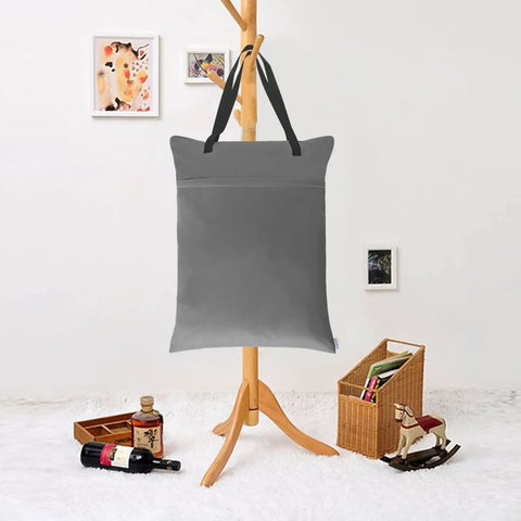 2 Pack Large Wet Dry Bag For Cloth Diapers Waterproof Hanging Organizer with zipper, 25x18 inches, grey color.