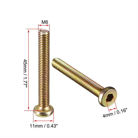 M6x45mm Furniture Bolt Hex Socket Round Head Zinc Plated 10 Pack For Cabinets And Woodwork, 4mm Hex Key Fit, 1mm Thread Pitch