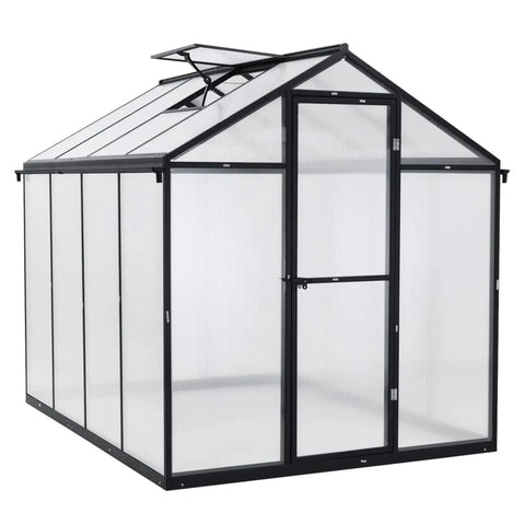 Walk In Greenhouse With Gutter And Polycarbonate Panels, Heavy Duty Aluminum Frame, Adjustable Skylight, Lockable Two Sided Door, 6 X 8 Ft, For Patio Outdoor Yard Lawn Use, Black