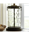 Glass Table Lamp With Bronze Finish Base And Fabric Drum Shade, Hardback Shade, Clear Glass Cylinder, 25.25 Inch Modern Desk Light