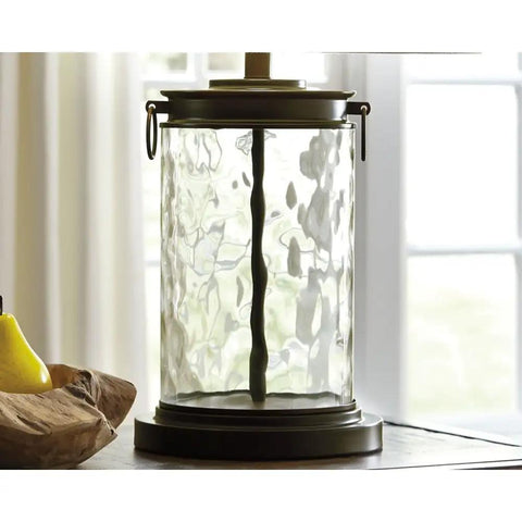 Glass Table Lamp With Bronze Finish Base And Fabric Drum Shade, Hardback Shade, Clear Glass Cylinder, 25.25 Inch Modern Desk Light