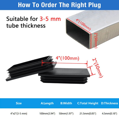 Diagram showing Rectangular Tubing End Caps Four Pack for 2 By 4 Inch Tubes Plastic Black End Plugs, 3 to 5 mm wall thickness.