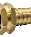 Beefy Built Tough Heavy Duty Brass Garden Hose Adapter Swivel Fitting With Three Quarter Inch Barb And Three Quarter Inch GHT Female Connector For High Pressure Outdoor Hoses And Irrigation Rust Resistant Durable Two Pack brass fitting close-up