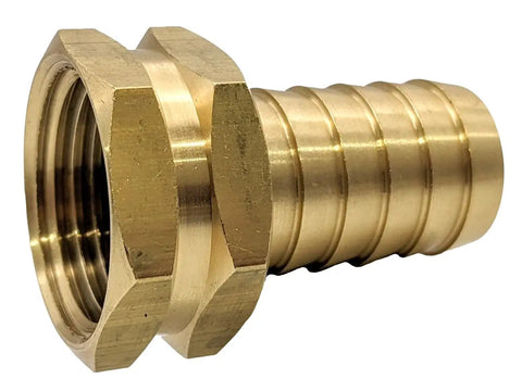 Beefy Built Tough Heavy Duty Brass Garden Hose Adapter Swivel Fitting With Three Quarter Inch Barb And Three Quarter Inch GHT Female Connector For High Pressure Outdoor Hoses And Irrigation Rust Resistant Durable Two Pack brass fitting close-up