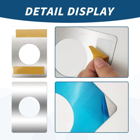Detail view of 4 Piece Stainless Steel Door Reinforcement Plates Set for covering damaged holes and fixing loose locks with adhesive backing.