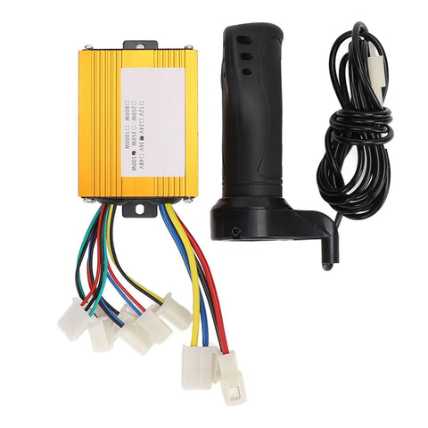 36V 500W Brushed Electric Bike Controller With Throttle Grip Kit Strong Heat Dissipation Aluminum Alloy Construction For Electric Bikes Trikes And Motorcycles Durable Performance Gold Finish with visible wires and connectors