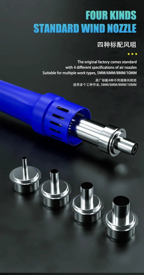 DIY Friendly Pro Grade Hot Air Gun Mechanic 861DW Max Plus 1000W Soldering Station with four wind nozzles on display.