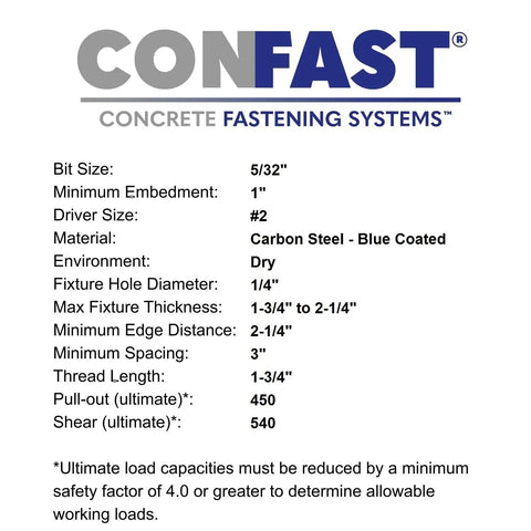 CONFAST concrete fastening systems specifications for 3/16 X 3-1/4 Inch Blue Flat Phillips Concrete Screw Anchor.