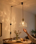Fang Yan Mei Plug in Pendant Light,Clear Fluted Glass Shade Vintage Hanging Light Fixture with Plug in Cord above dining table.