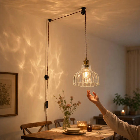 Fang Yan Mei Plug in Pendant Light,Clear Fluted Glass Shade Vintage Hanging Light Fixture with Plug in Cord above dining table.