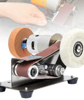 Close-up of the 7 Speed Adjustable Buffer Polisher With Electric Belt Sander And Knife Sharpener Attachment, showing motor and sanding belt.