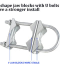 Metal double antenna mast clamp with U-bolts and V-jaw blocks for outdoor mast-to-mast mounting, angled view