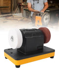 Hilitand Cordless Mini Bench Grinder Polisher Sander With 18V Battery Adapter close-up of dual abrasive wheels for metal sharpening.