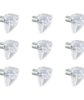 Knockout 5mm Cabinet Shelf Clips, clear shelf support pegs with silver pins, pack of 9, for kitchen and office pantry shelving.
