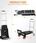 Folding 2-In-1 Hand Truck and Platform Cart for Heavy Duty Loads, 330 Lbs Capacity, Convertible Dolly with 360 Degree Brake Wheels, Lightweight Rustproof Aluminum Steel Frame, folded and open size views