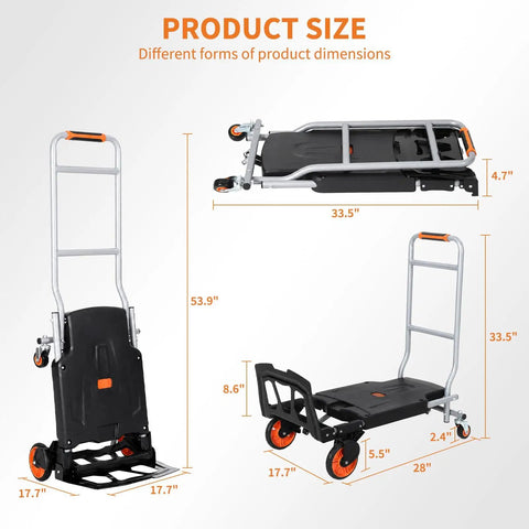 Folding 2-In-1 Hand Truck and Platform Cart for Heavy Duty Loads, 330 Lbs Capacity, Convertible Dolly with 360 Degree Brake Wheels, Lightweight Rustproof Aluminum Steel Frame, folded and open size views