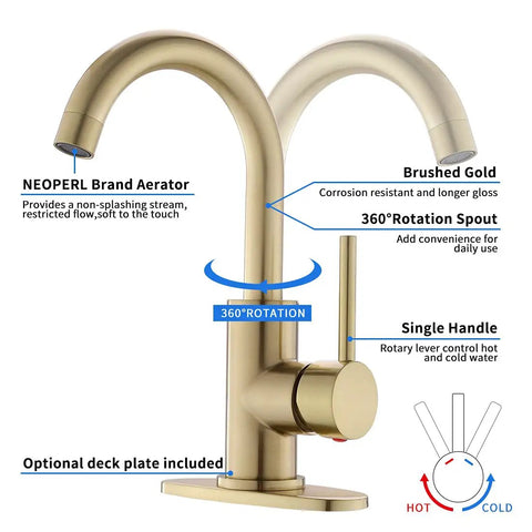 Sleek Gold Brushed Bathroom Sink Faucet With 360 Degree Swivel Spout Single Handle Deck Plate 4 Inch Centerset Vanity Faucet