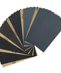 Kick Your DIY Projects Into High Gear With 60 Pcs Assorted Grit Sandpaper Sheets arranged in a fan, showcasing various grits.