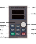 Control panel of VFD 220V 7.5kW 32A 10HP Inverter Drive for CNC spindle motor with labeled buttons and display.