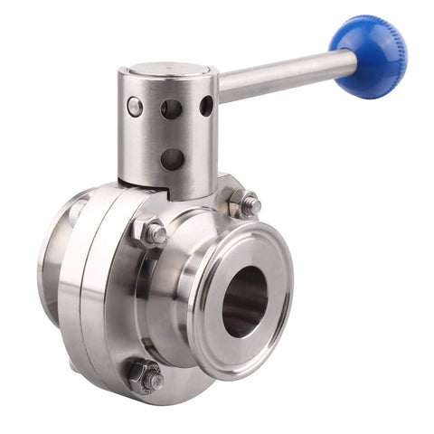 Close-up of Sanitary Butterfly Valve With Pull Handle 304 Stainless Steel Tri Clamp Clover 1 Point 5 Inch Tube OD Fits