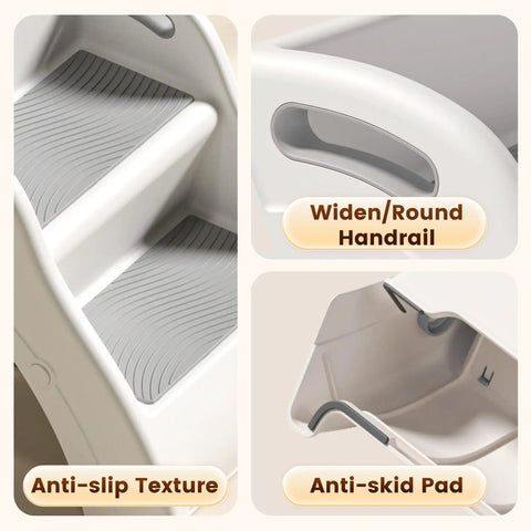 Foldable Toddler Step Stool For Bathroom Sink, Rock Solid Non Slip Footrest With Secure Handles, Bpa Free Thick Plastic showing anti-slip texture and round handrail.